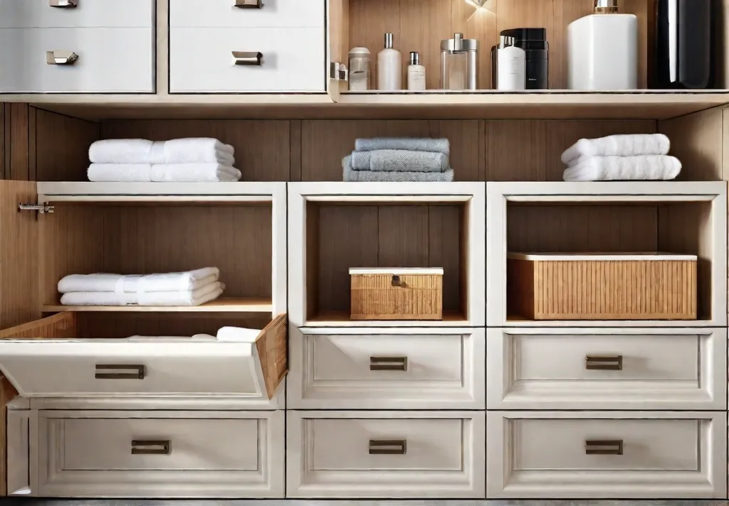 A bathroom cabinet with well organized drawers featuring dividers and clear storage containers