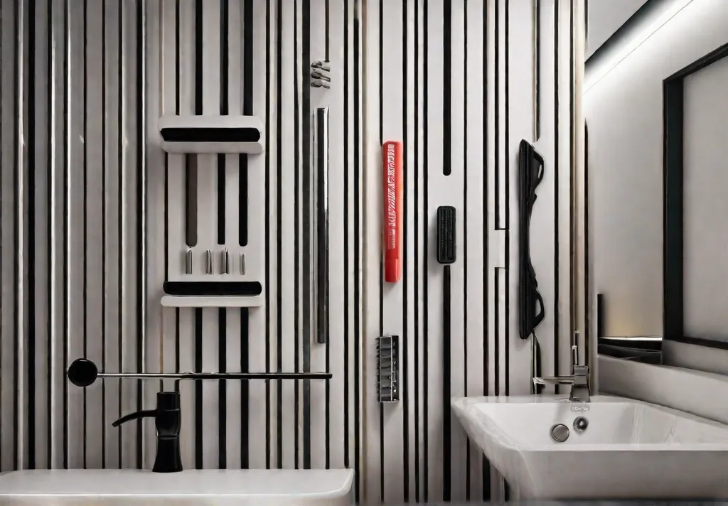 A bathroom wall featuring a magnetic strip with metal essentials like tweezers