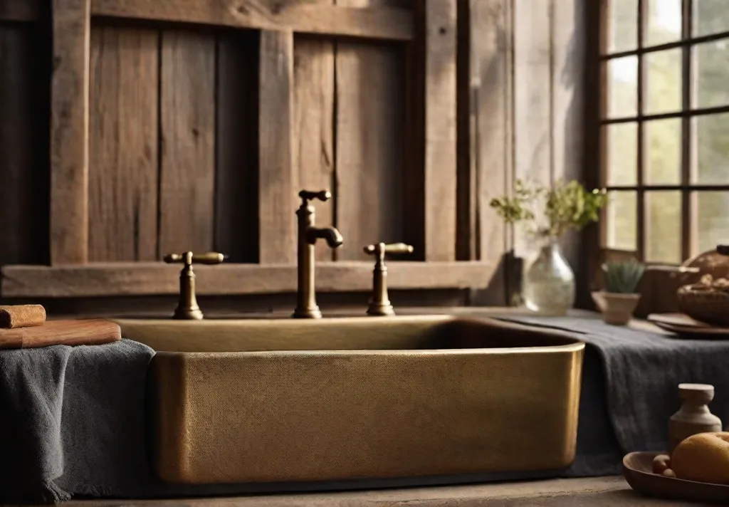 A beautifully aged farmhouse sink with a higharched vintage brass faucet set