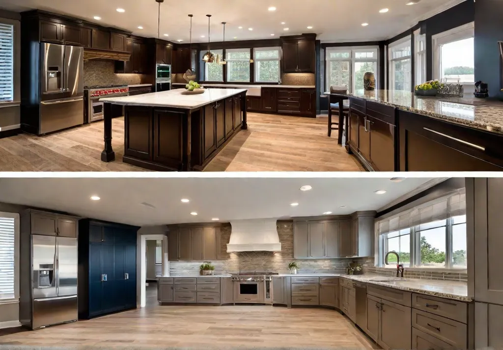 A beforeandafter comparison of a kitchen remodel focusing on the dramatic transformation