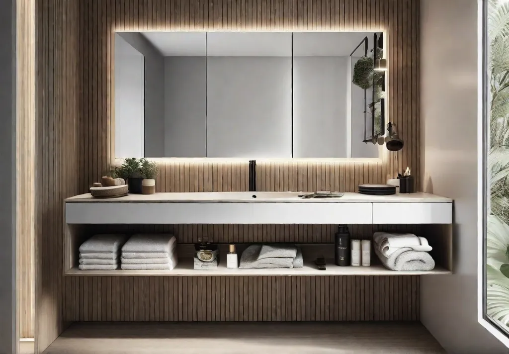 A birds eye view of a compact floating vanity with a solid surface countertop