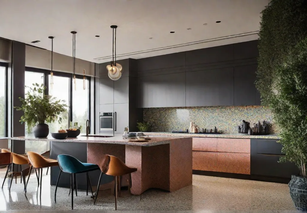 A bold artistic kitchen space featuring Terrazzo countertops with a colorful speckled