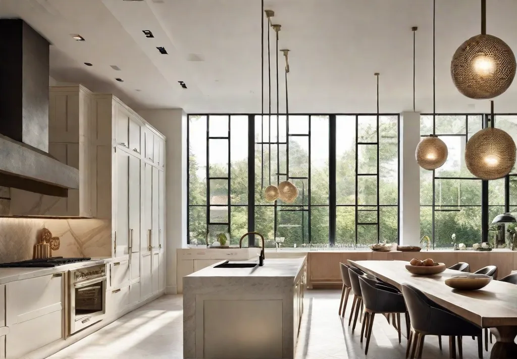 A bright airy kitchen with large windows where globe pendants hang at