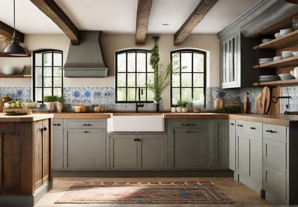 A bright and airy rustic kitchen makeover showcasing beamed ceilings handpainted ceramic