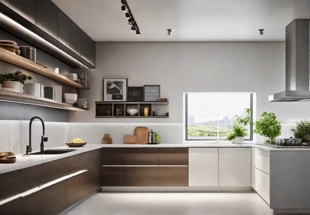 A bright and modern kitchen featuring a digital tablet mounted on the