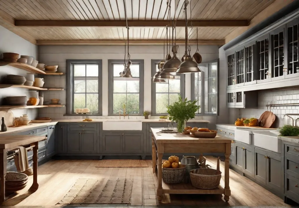 A bright farmhouse kitchen featuring ceiling mounted racks for hanging pots and pans