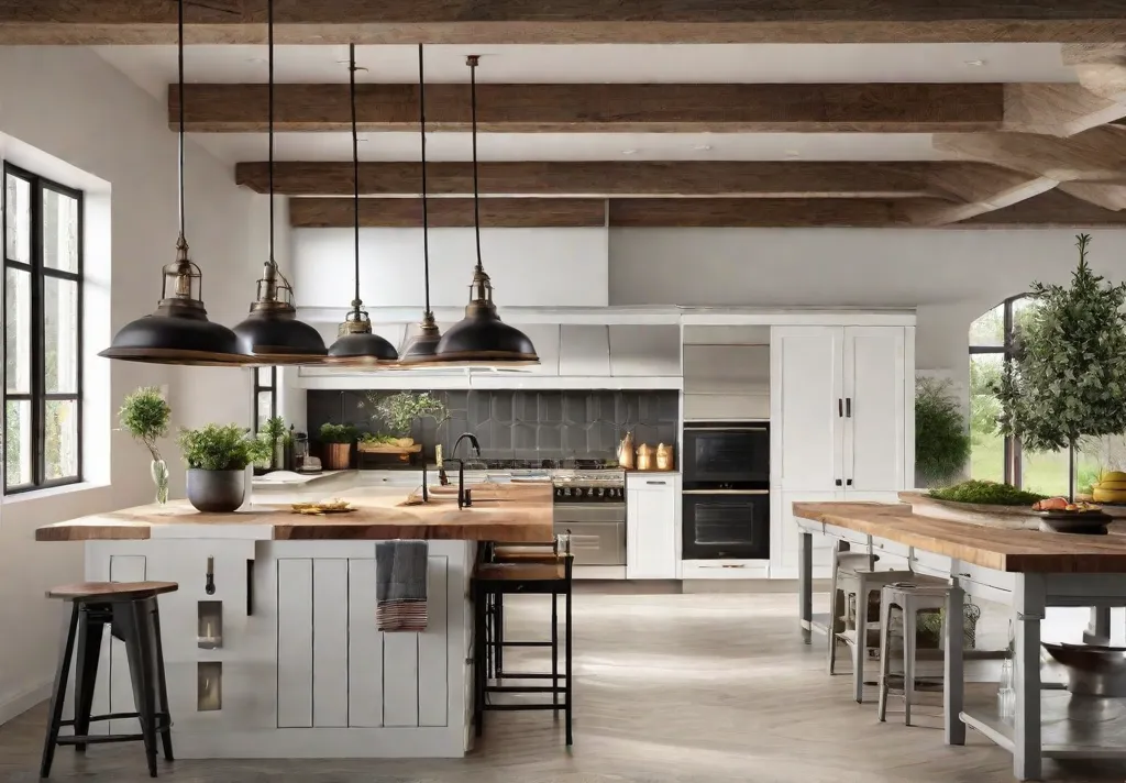 A brightly lit farmhouse kitchen featuring recessed lighting combined with industrial