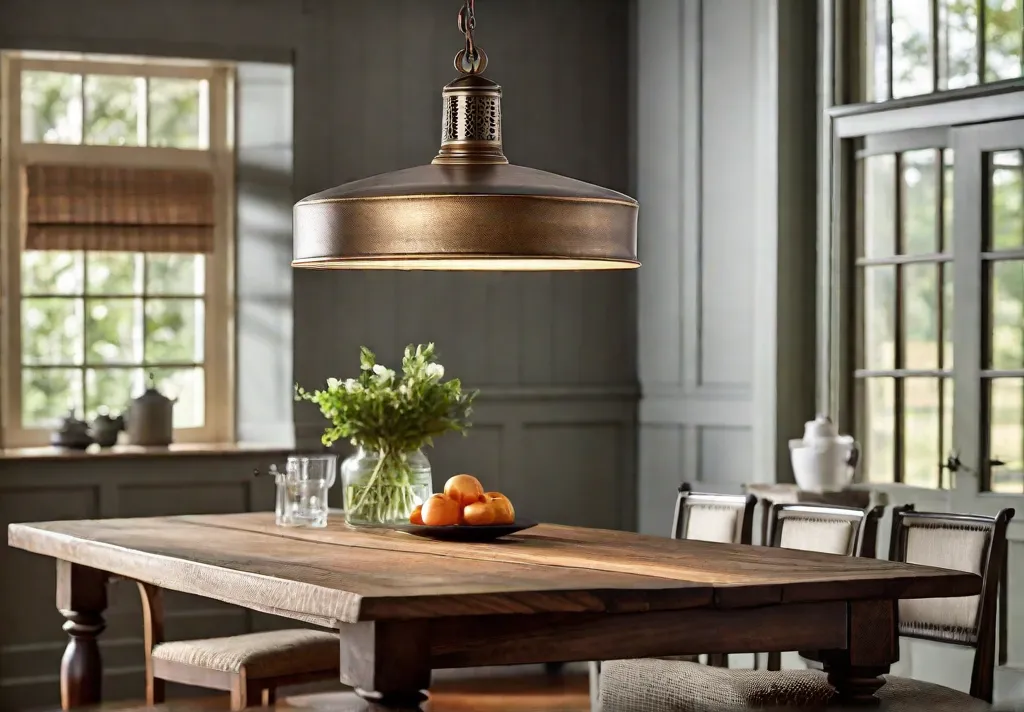 A charming corner featuring vintage pendant lighting with an antique metal finish