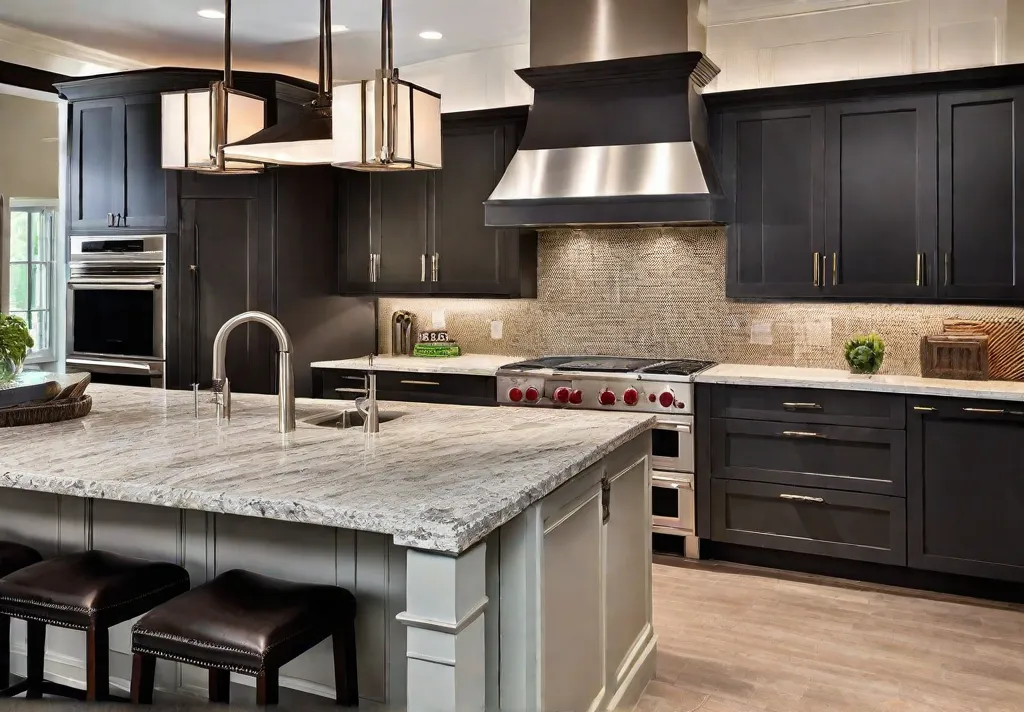 A cheerful vibrant kitchen showcasing highquality laminate countertops that mimic natural stone