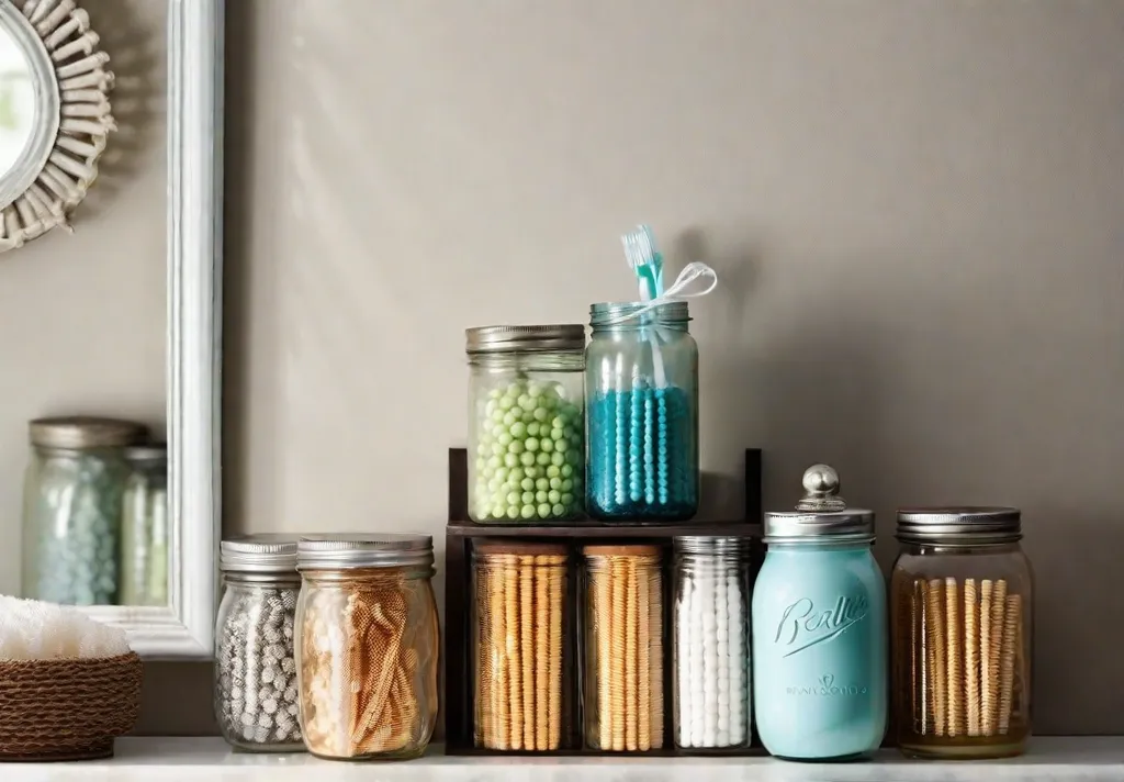 A chic display of mason jars on a bathroom shelf