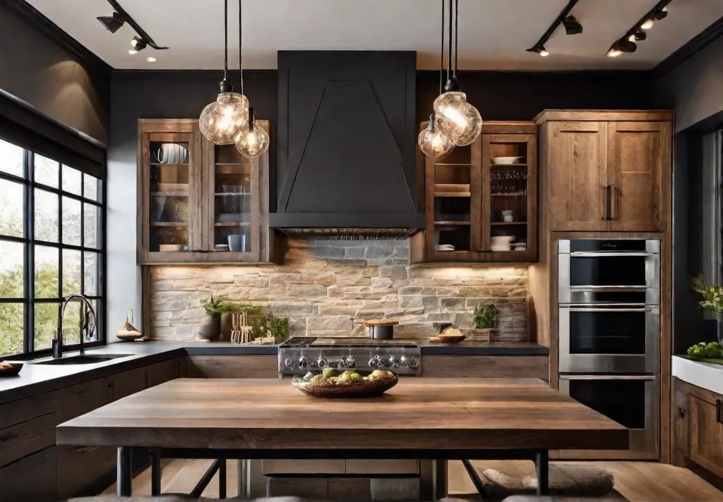 A chic rustic kitchen featuring a statement stone wall sleek stainless steel