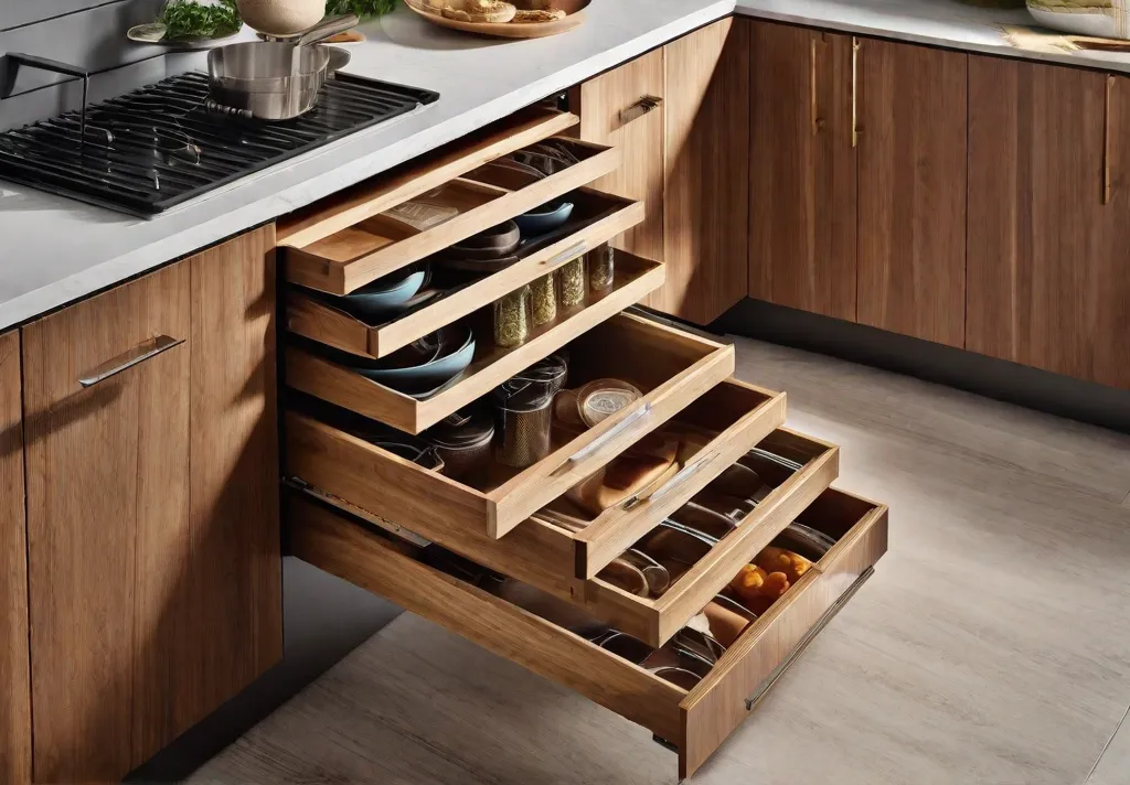 A cleverly designed kitchen base cabinet with a toekick drawer pulled open
