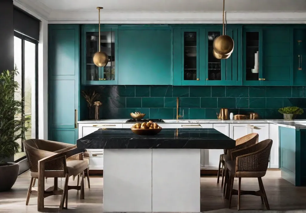 A close up of vibrant teal kitchen cabinets contrasted against a white marble countertop and black matte fixtures