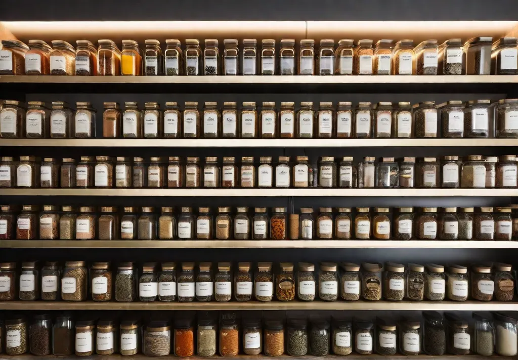 A closeup of a beautifully arranged series of spice jars on a