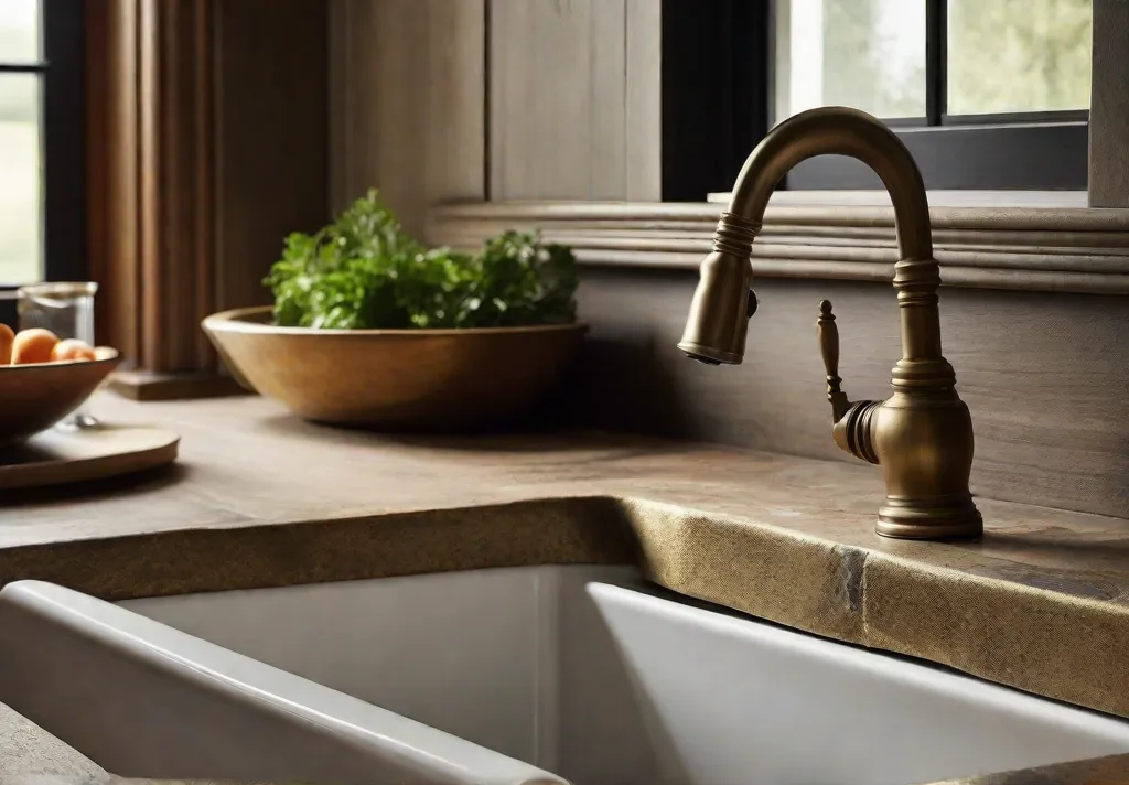 A closeup of a rustic kitchens sink area with an antique brass