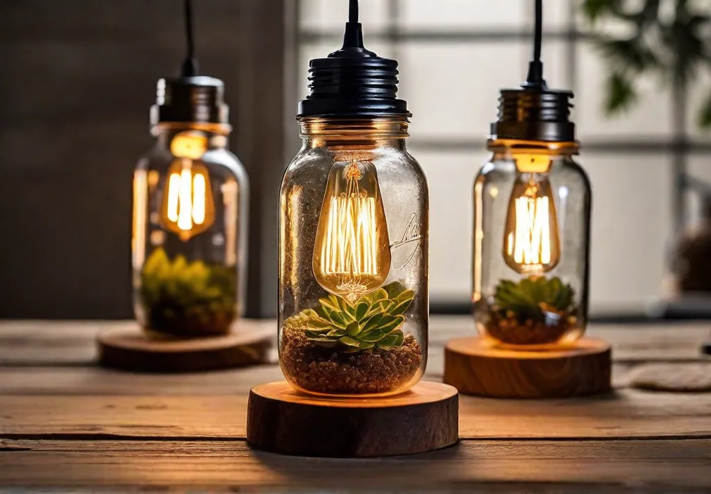 A cluster of handmade mason jar lights each filled with a single