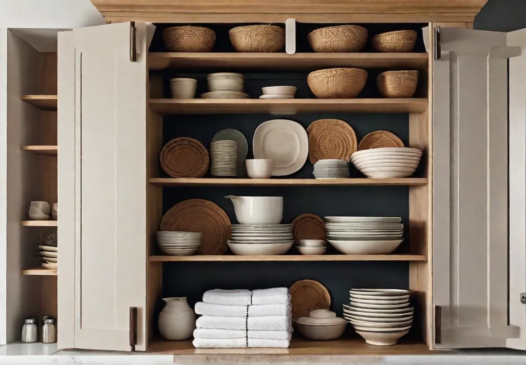 A collection of woven baskets on top of a kitchen cabinet filled