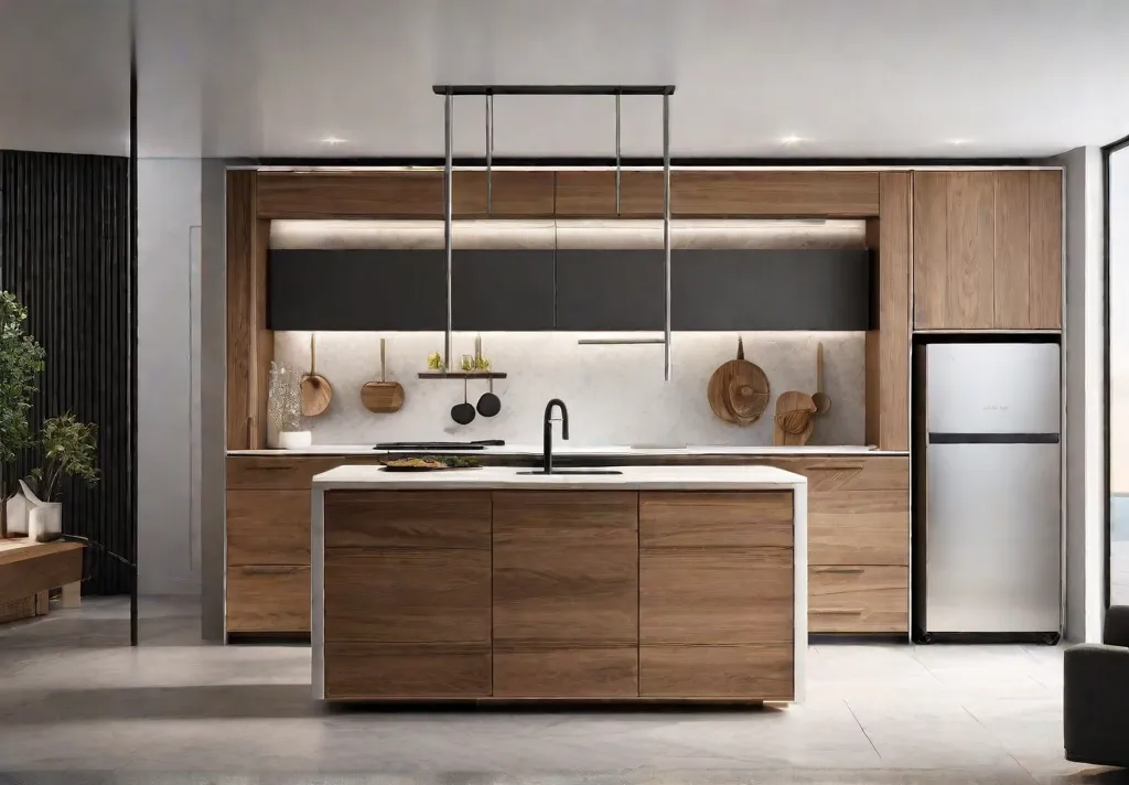 A compact modern kitchen maximizing flexibility with a stylish mobile island on
