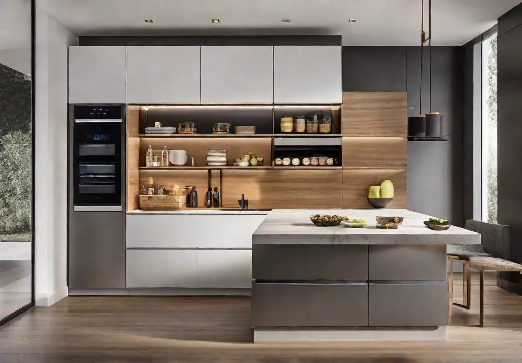 A contemporary kitchen highlighting a pull out cabinet system