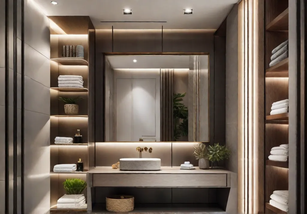 A corner of a small bathroom enhanced with sleek floating shelves