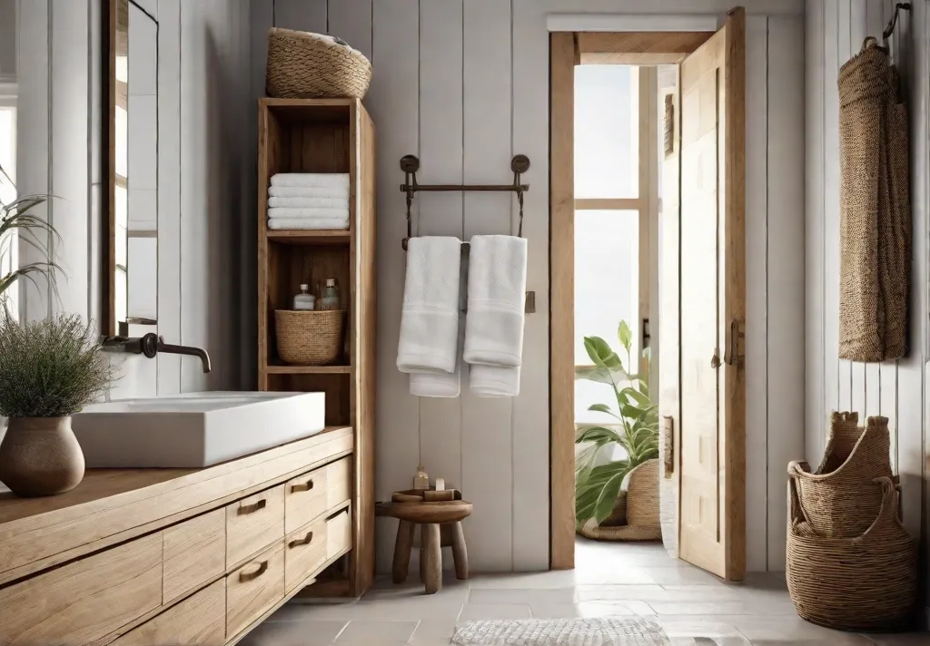 A cozy and inviting bathroom space highlighting a rustic wooden shelf filled with fluffy towels and wicker baskets
