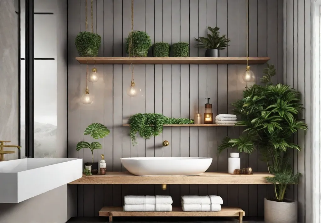 A cozy bathroom with sleek floating shelves filled with neatly organized toiletries and a set of plush towels