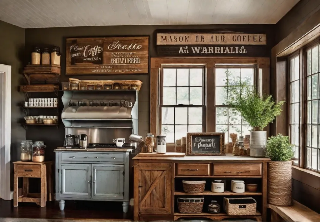 A cozy corner of a farmhouse kitchen with a DIY coffee station