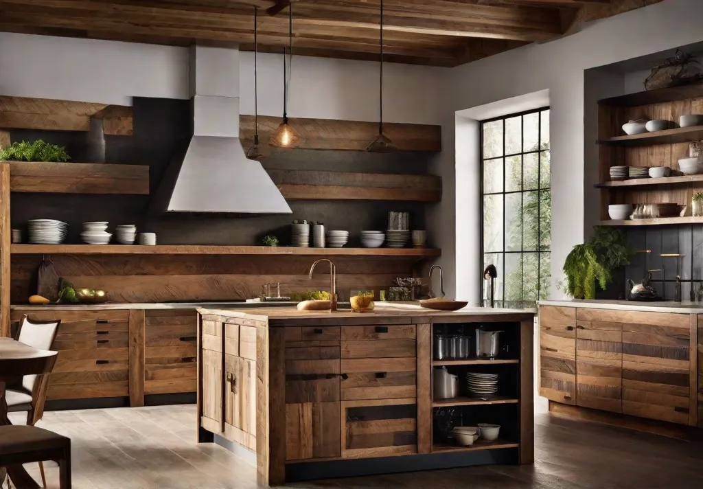 A cozy dimly lit rustic kitchen with reclaimed wood cabinetry showcasing the