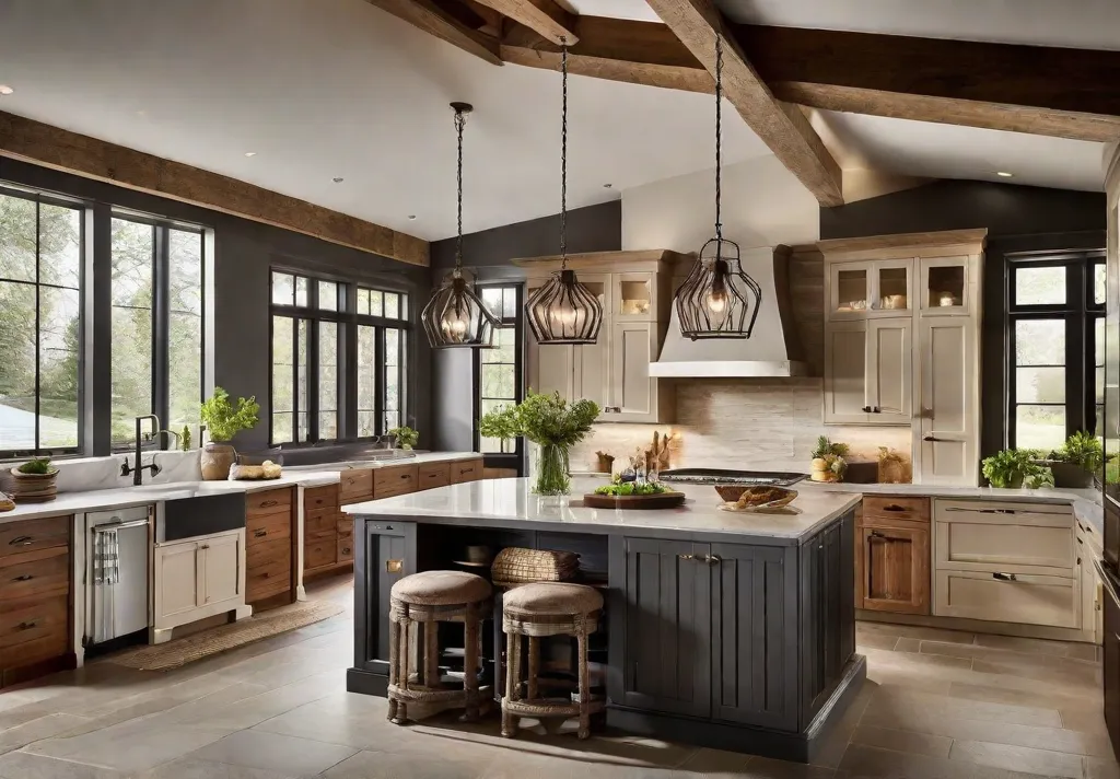 A cozy farmhousestyle kitchen with exposed wooden beams and multiple small rustic