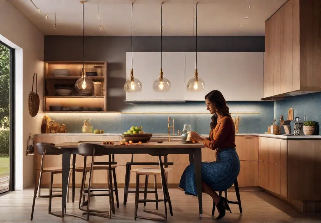 A cozy kitchen scene at dusk with appcontrolled pendant lights adjusting to