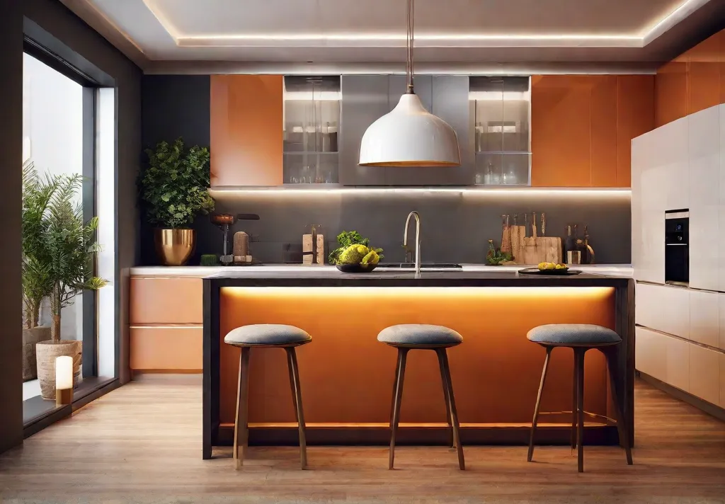 A cozy modern kitchen scene bathed in warmcolored lights illustrating the concept