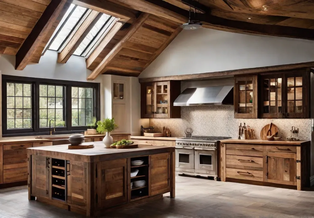 A cozy rustic kitchen filled with natural light showcasing reclaimed wood cabinetry