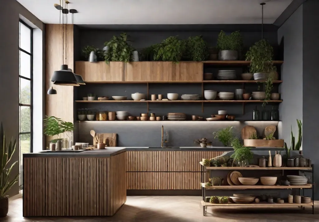 A cozy yet modern kitchen featuring open wooden shelving brimming with neatly arranged dishes