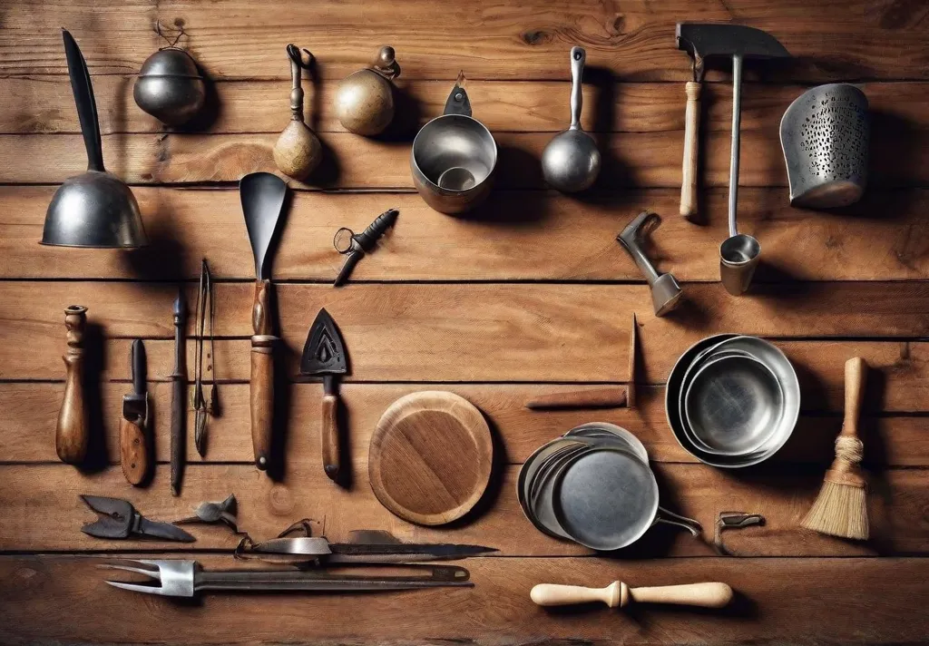 A creative workspace photo showing the process of arranging antique utensils into wall art