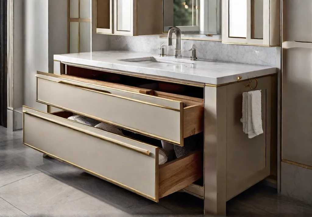 A creatively hidden drawer seamlessly integrated into the bathrooms toe kick