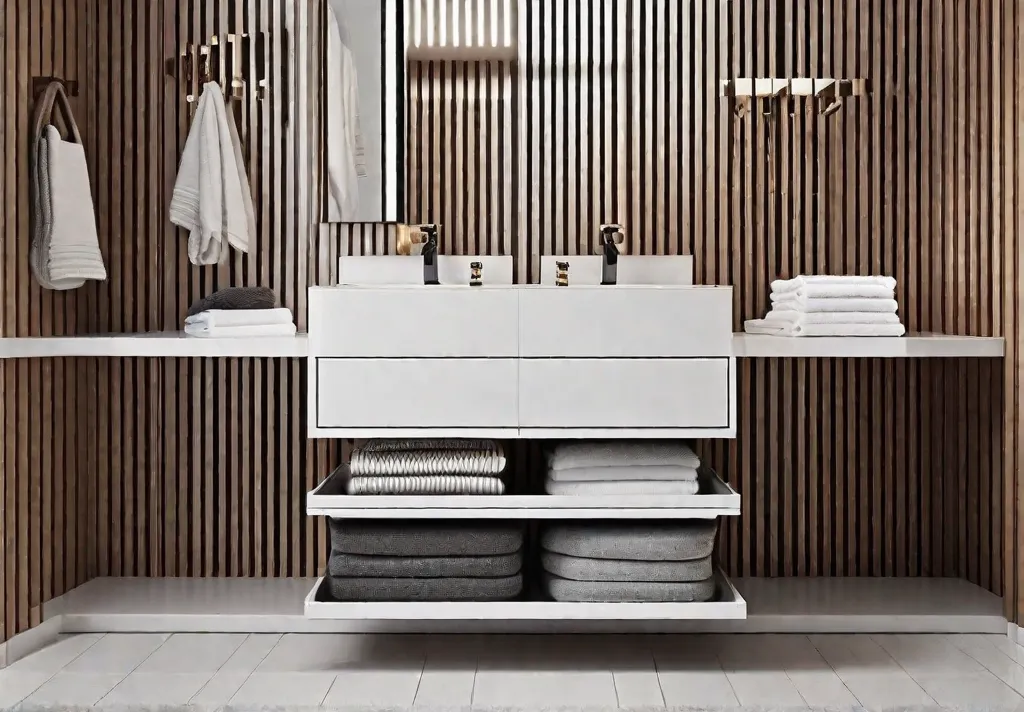 A custom built pull out hamper discreetly integrated within bathroom cabinetry