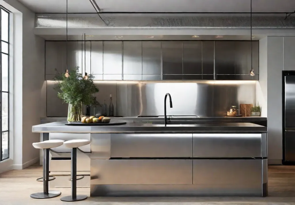 A cuttingedge kitchen design incorporating stainless steel countertops reflecting the cool industrial
