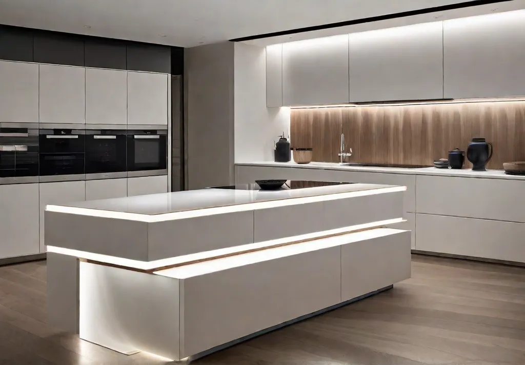 A detail view of an ultramodern kitchen island spotlighting the seamless integration