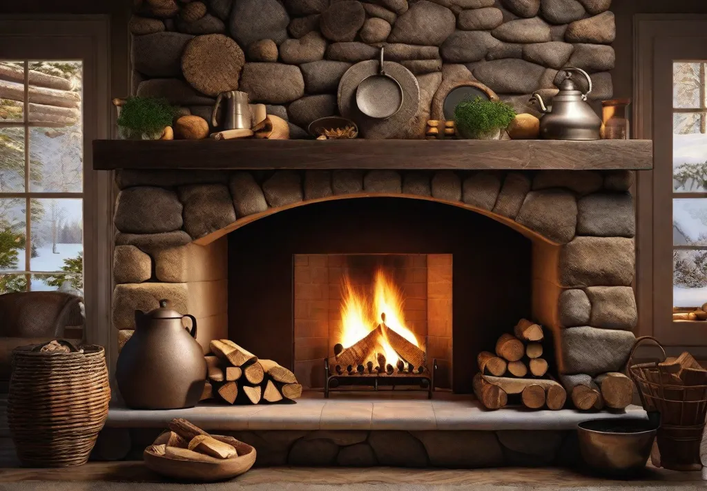 A detailed image of a stone fireplace in the kitchen with a