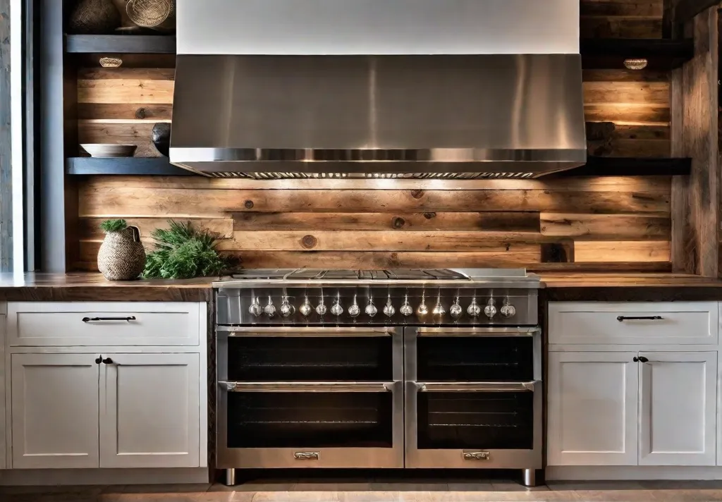 A detailed look at a custom rustic kitchen backsplash made from reclaimed