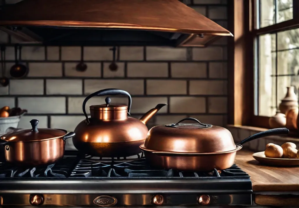 A detailed shot of a copper kettle and cast iron skillet on