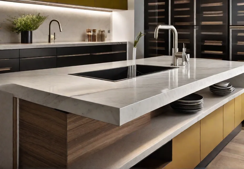 A detailed shot of mixedmaterial countertops in a creative kitchen layout illustrating