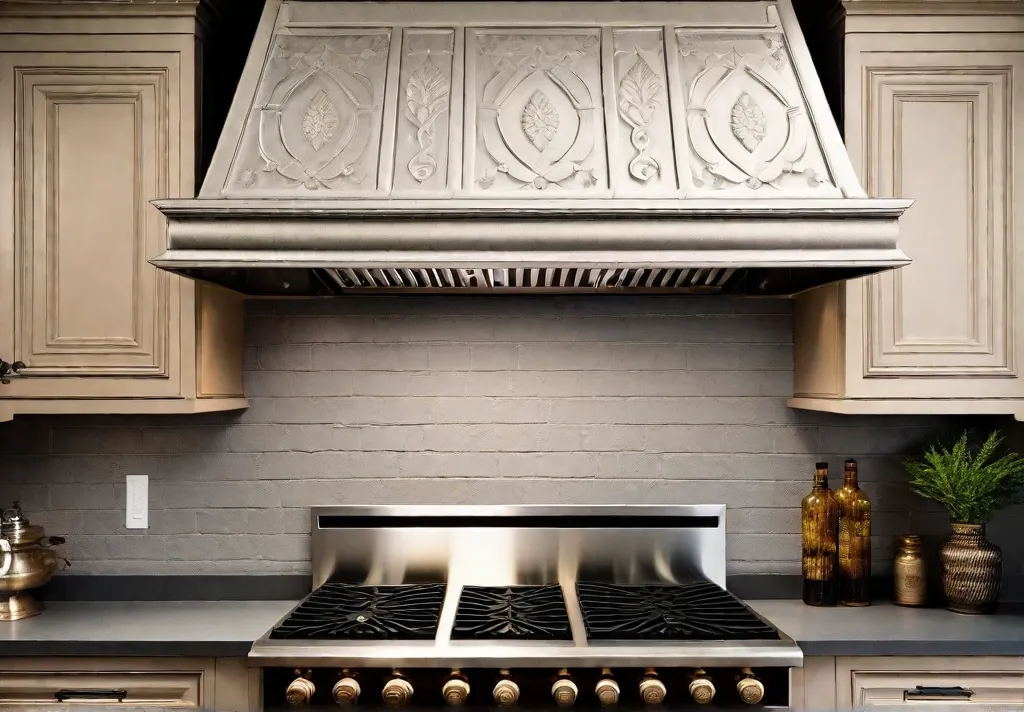 A detailed shot of the intricate design and texture on a rustic range hood
