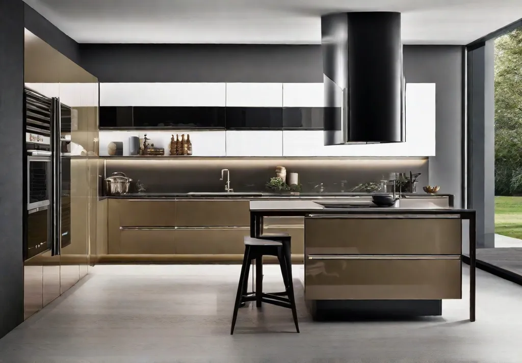 A detailed view of a kitchen featuring high gloss finishes and composite materials known for their ease of cleaning