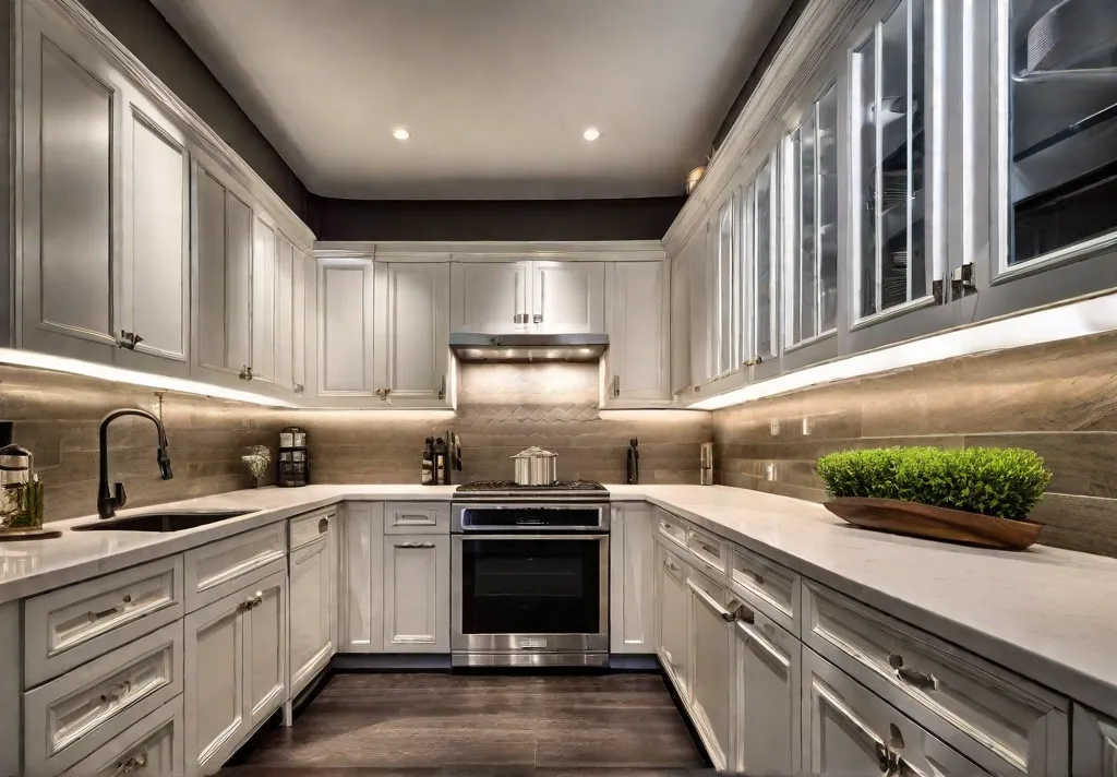 A dimly lit kitchen automatically brightening as motionsensor undercabinet lights detect someone