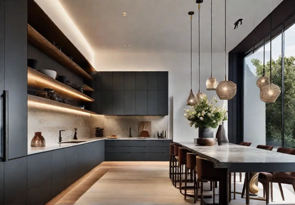 A dramatic kitchen ambience created by a striking geometric chandelier over the island