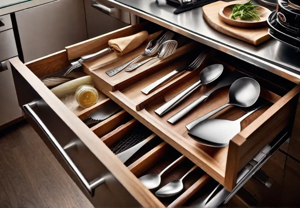 A drawer open to reveal perfectly fitted dividers separating cooking utensils demonstrating