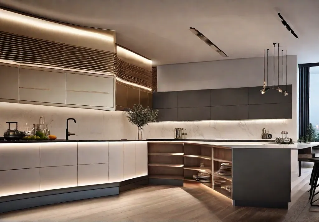 A dynamic display of a kitchen where LED strip lights under the