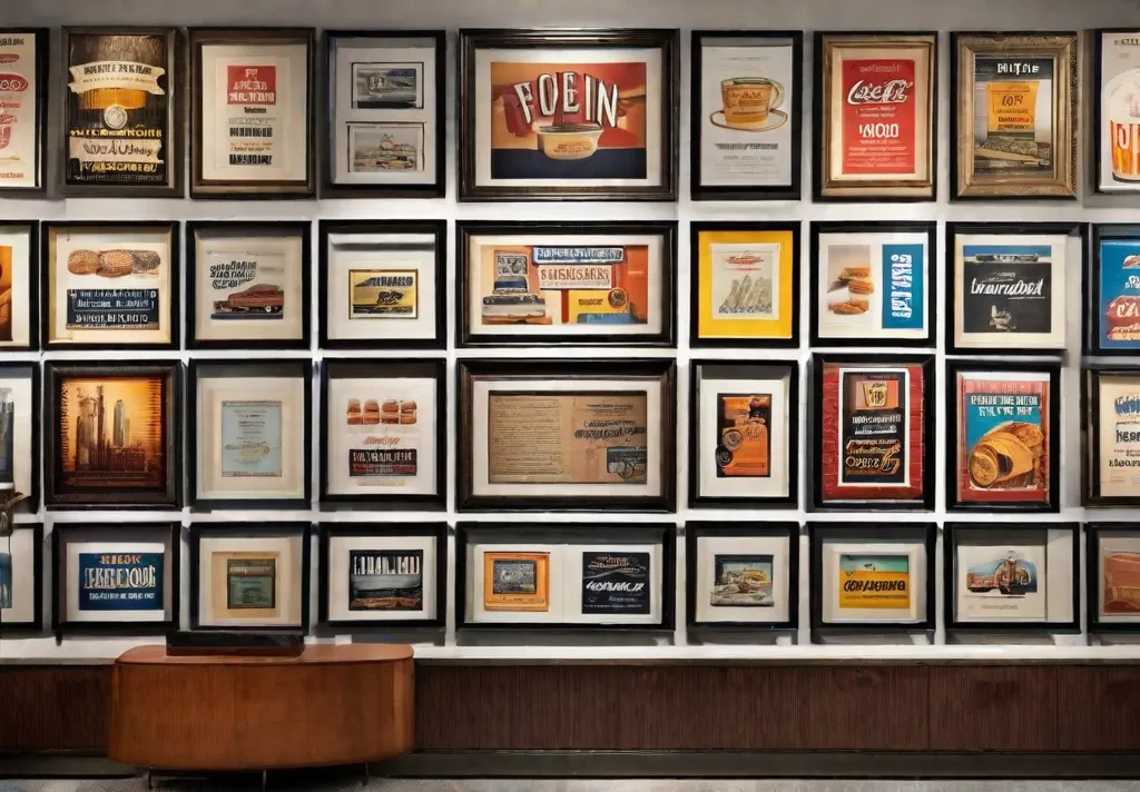 A gallery wall featuring an eclectic mix of retro art pieces including