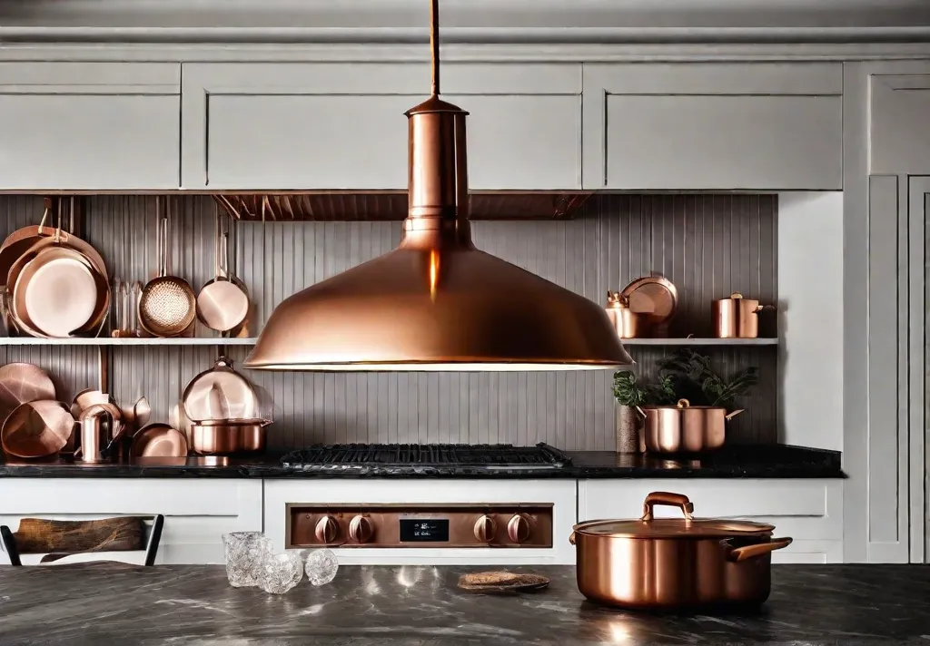 A glamorous copper pendant light with a patina finish hanging low over